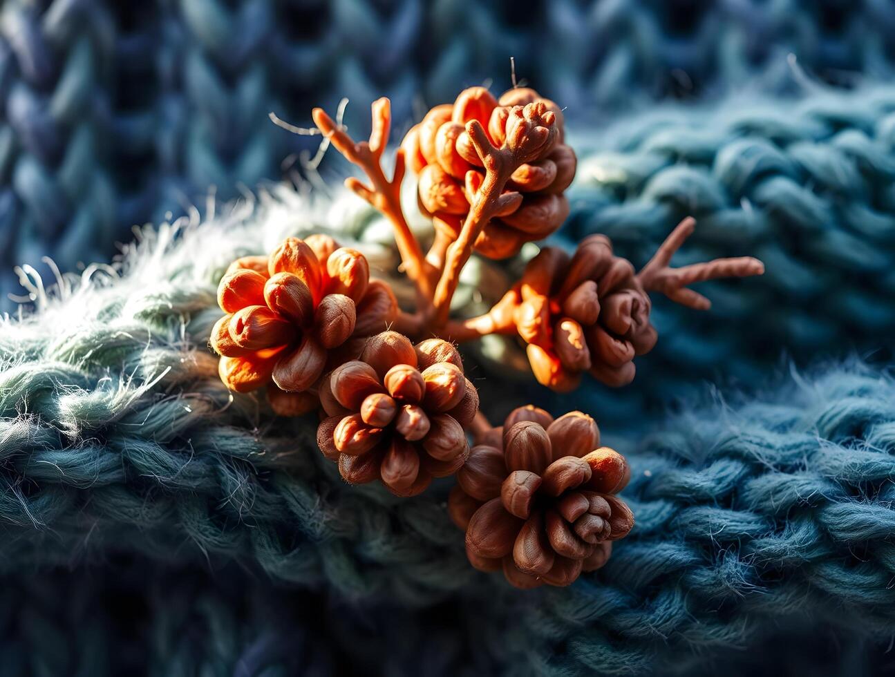 A close up of a knitted sweater with pine cones photo