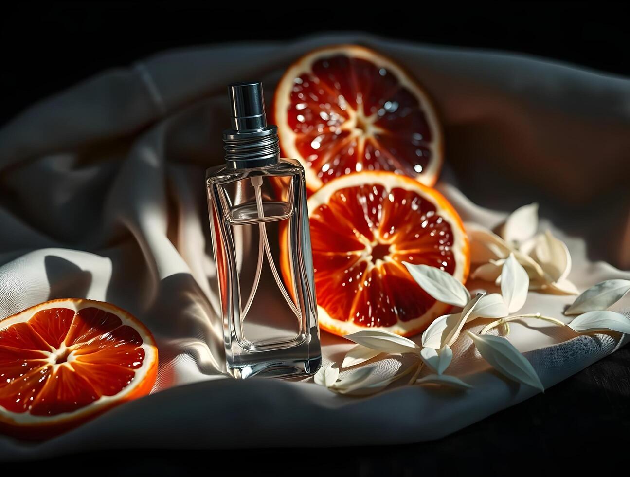 A bottle of perfume with slices of blood oranges photo