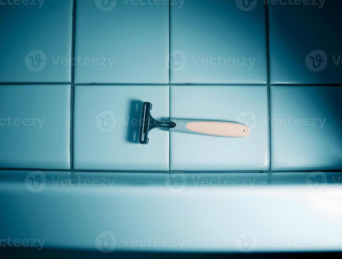 A razor is sitting on top of a blue tiled wall photo