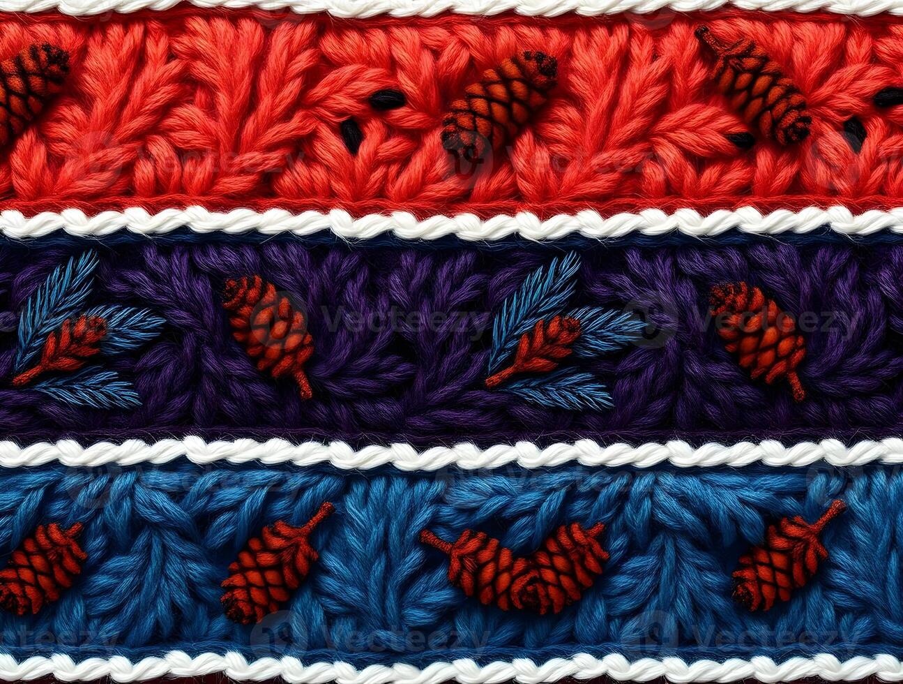Vibrant Knit Texture Winter Wonderland Design with Pine Cones and Evergreen Branches photo