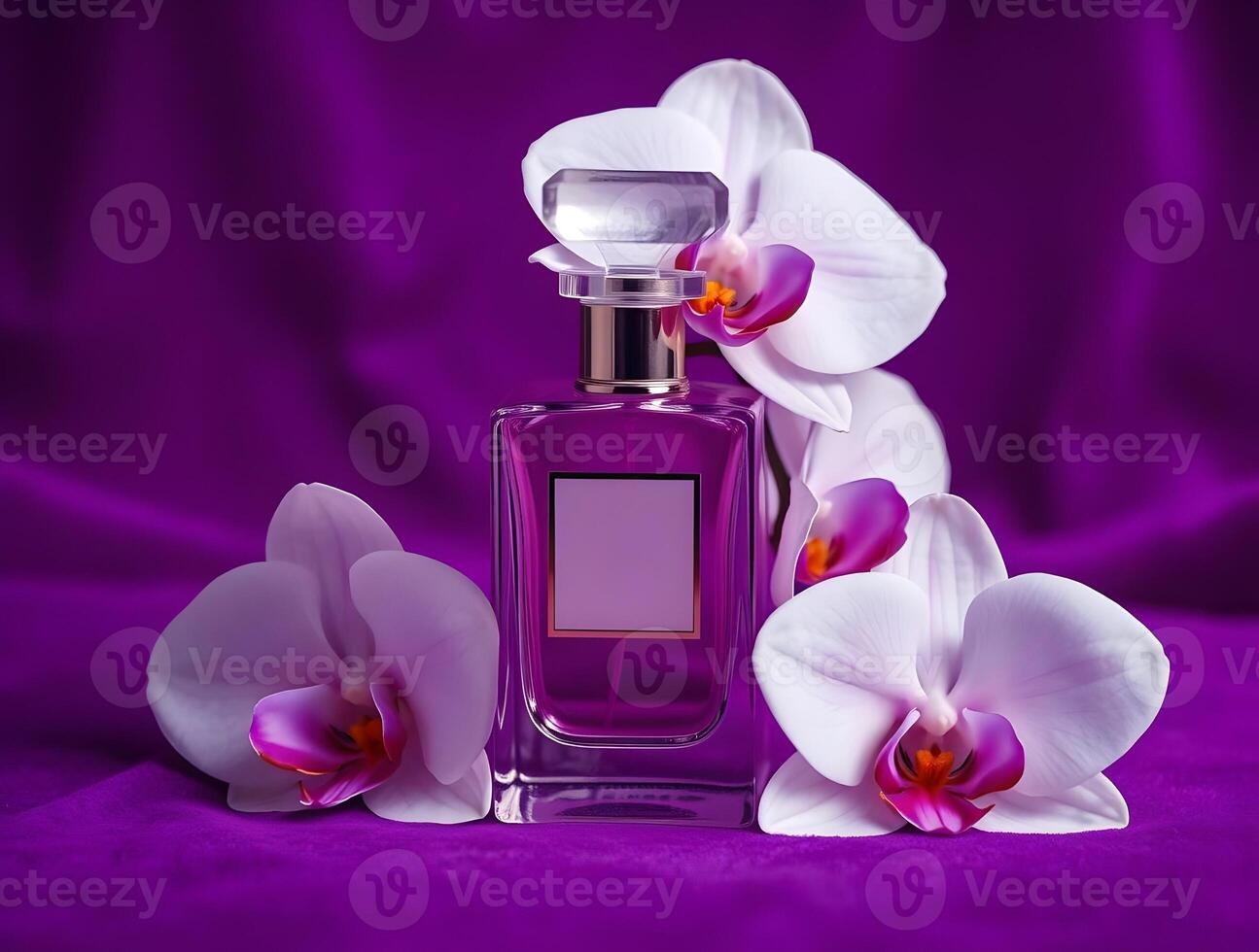 A perfume bottle with white orchid flowers on a purple background photo