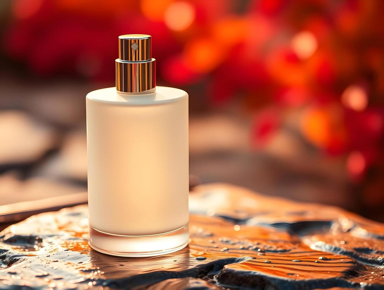A white perfume bottle sitting on a rock photo