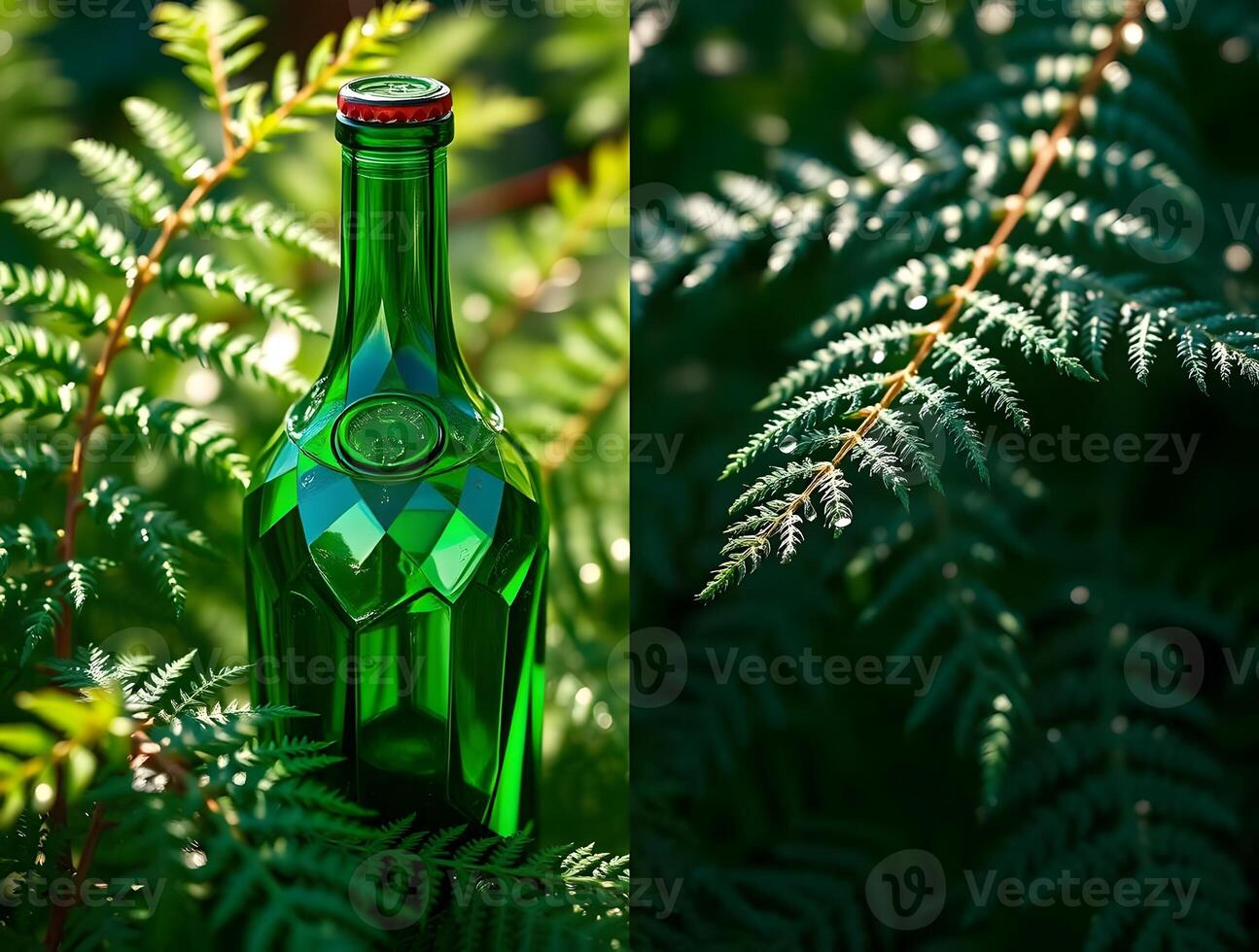 A green bottle sitting in the middle of some ferns photo