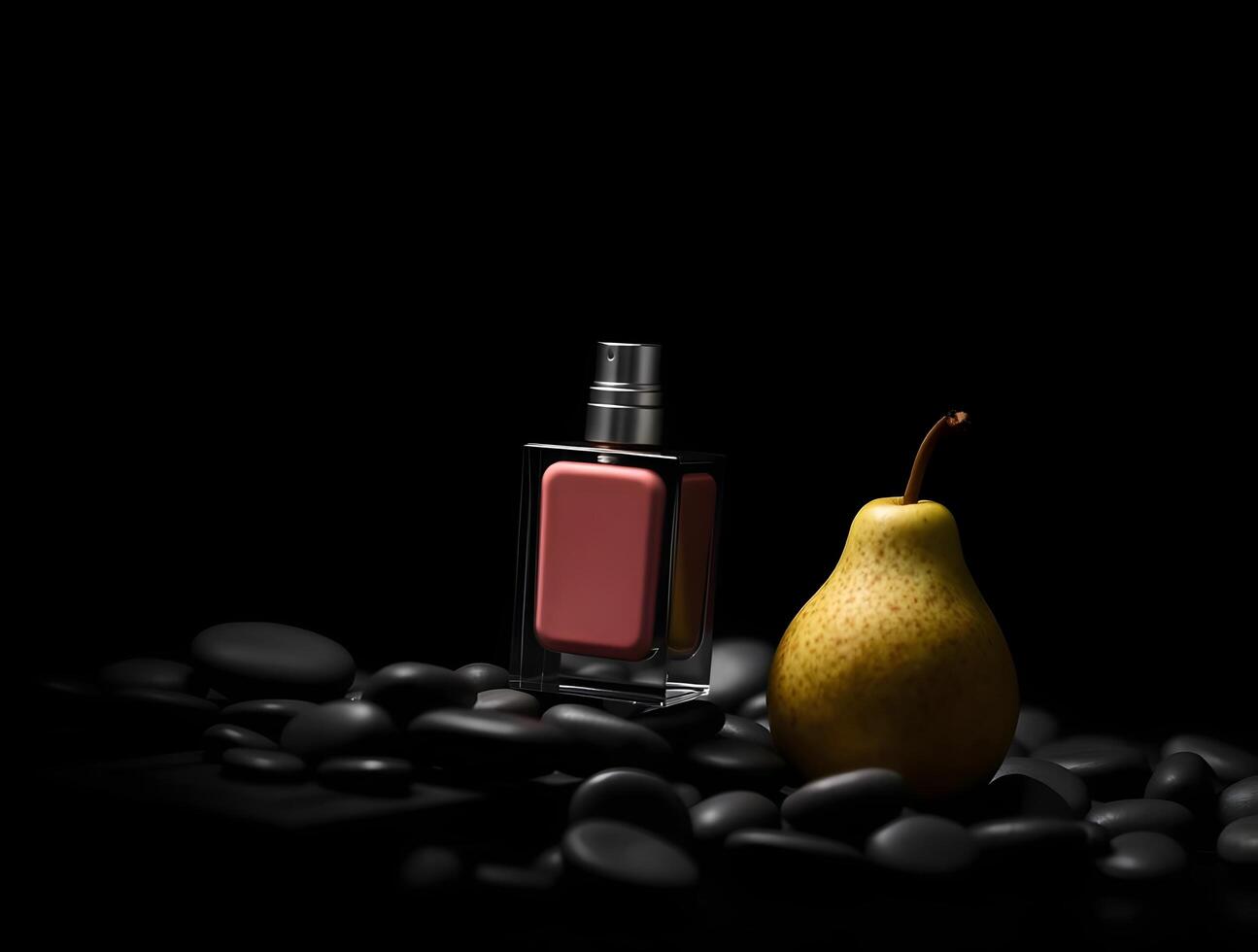 A pear and a perfume bottle on a black background photo