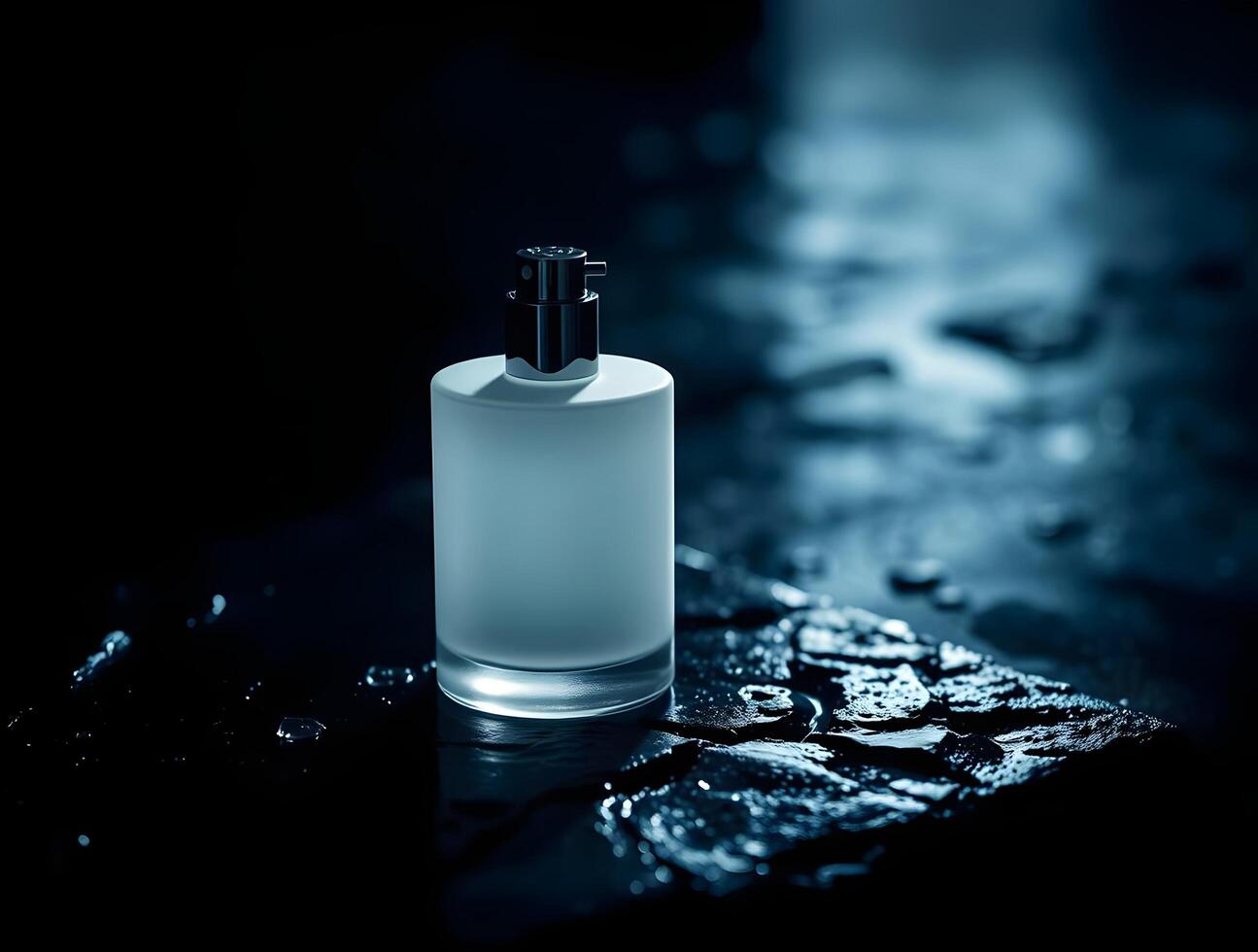 A white perfume bottle sitting on a wet surface photo