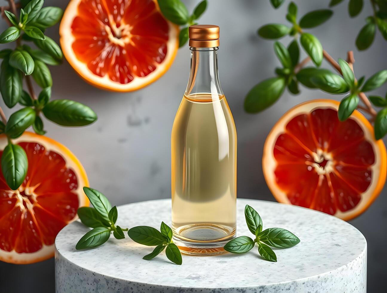 A bottle of olive oil with grapefruit slices photo