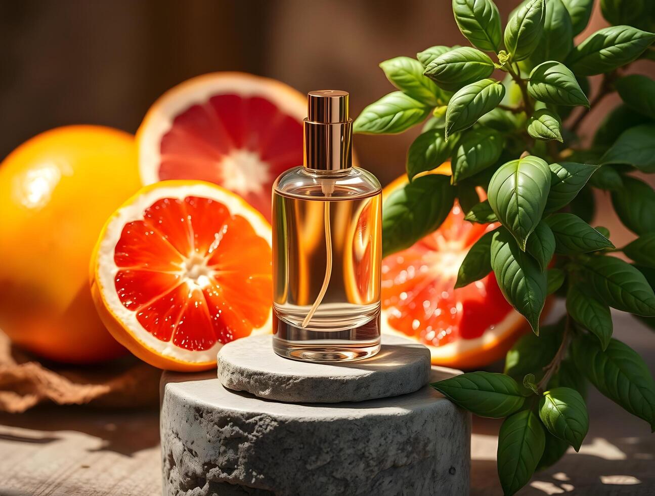 An orange and grapefruit are on a table next to a bottle of perfume photo