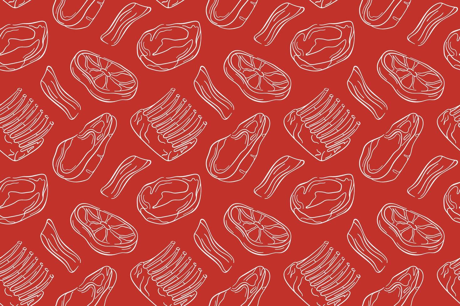 Seamless pattern of line art style steak, bacon, ribs and meat cut on red background. Perfect for butcher shop, kitchen wallpaper, food package, grill or barbecue menu design. vector