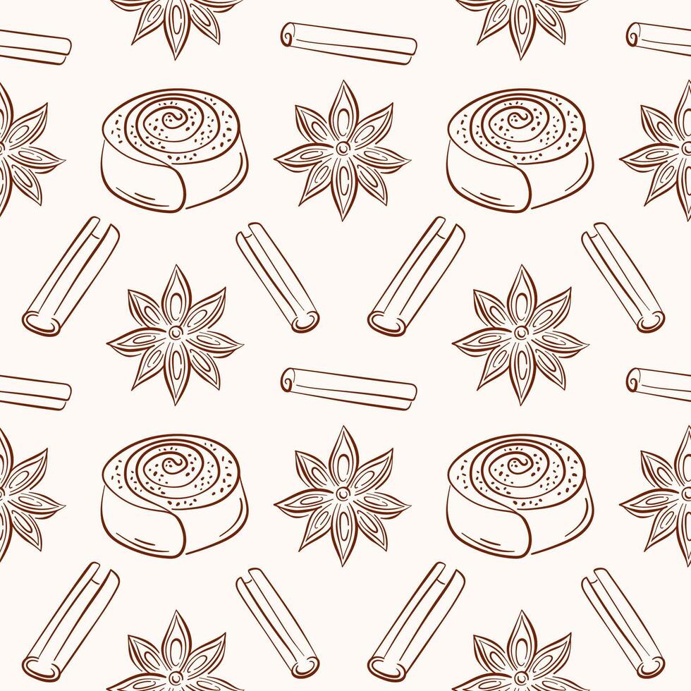 Cinnamon roll pastry with star anise and stick seamless pattern in line art style. Perfect for bakery wallpaper, delivery package, breakfast cafe and sweet pastry menu. vector