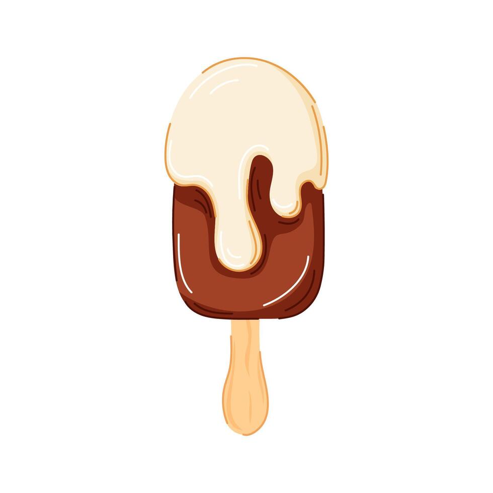 Smooth dark chocolate ice cream with topped vanilla chocolate in cartoon style isolated on white background. Perfect for summer cafe design, restaurant logo or recipe book. vector