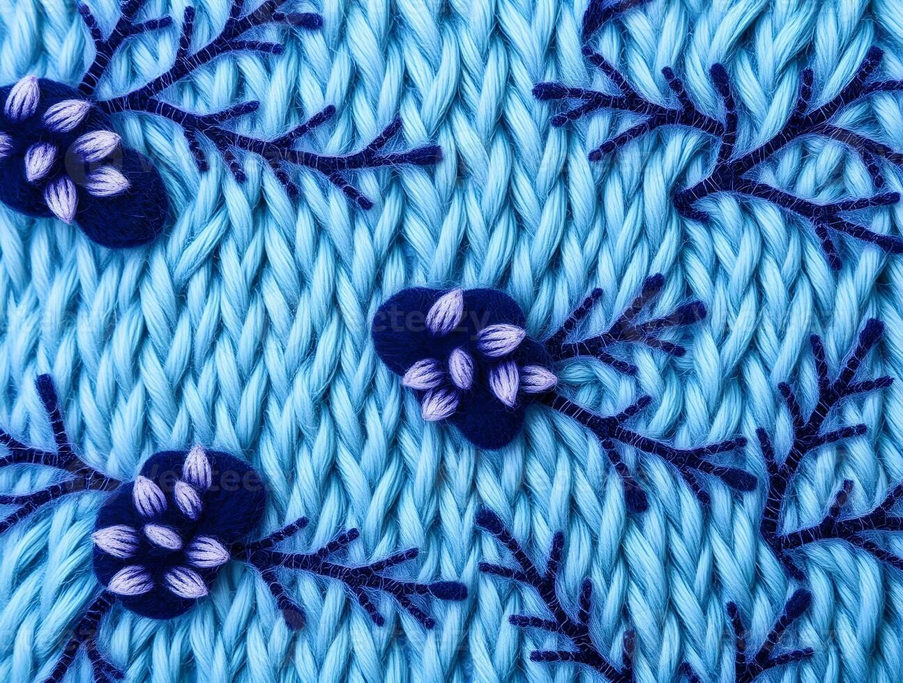 Knit Texture Background Blue Wool Yarn with Felt Flowers and Branches Design photo
