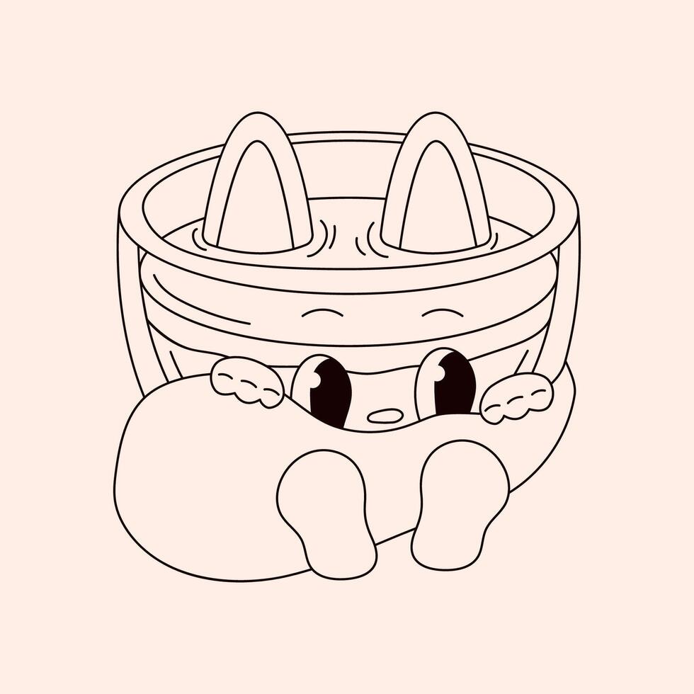 Groovy drink cat character with ears and tail in line art style. Retro cup of coffee. illustration isolated on a light background. vector