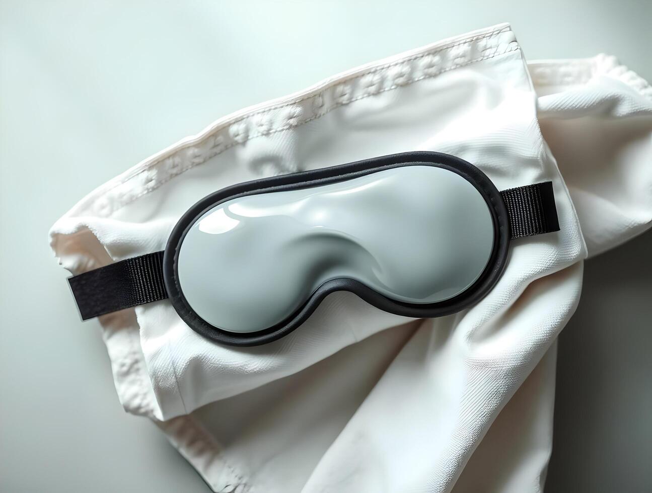 A white eye mask laying on top of a white cloth photo