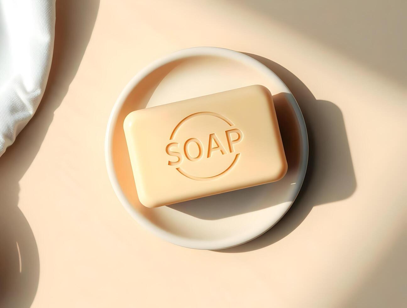 A soap bar on a plate with a white towel photo