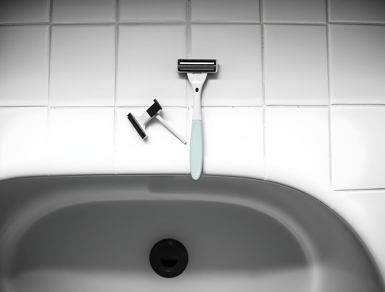 A razor and a toothbrush sitting on a bathroom sink photo