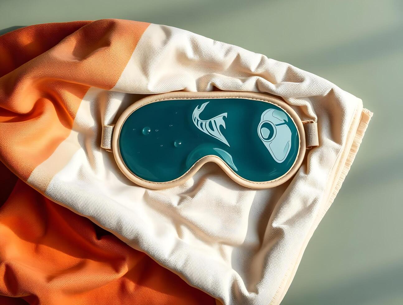 A pair of goggles on top of an orange and white blanket photo
