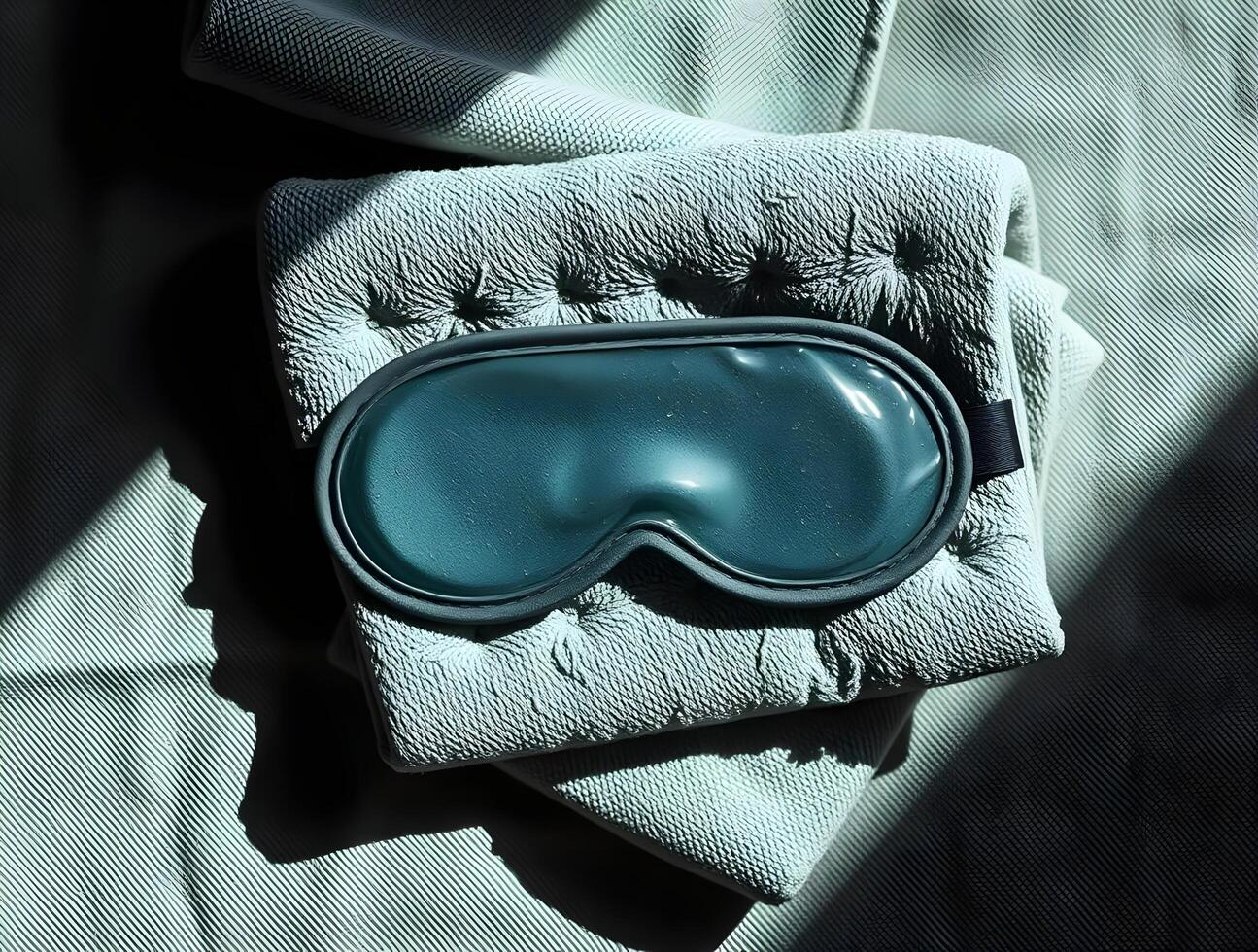 A pair of blue eye masks on a bed photo