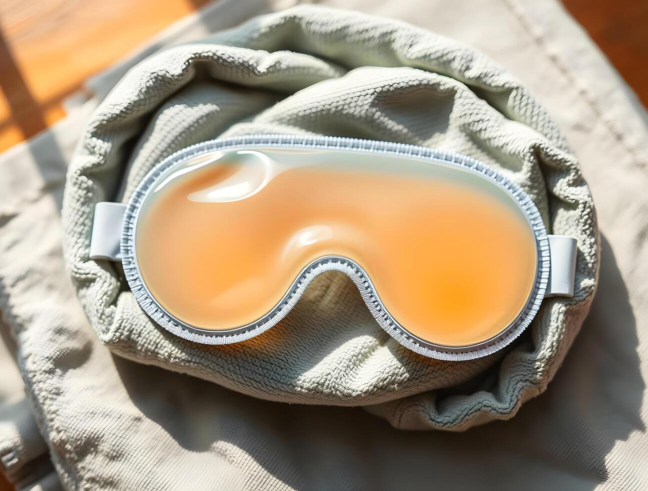 A pair of orange goggles on top of a bag photo