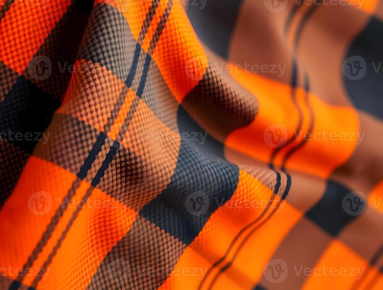 Vibrant Orange and Black Plaid Fabric Texture Detailed CloseUp photo