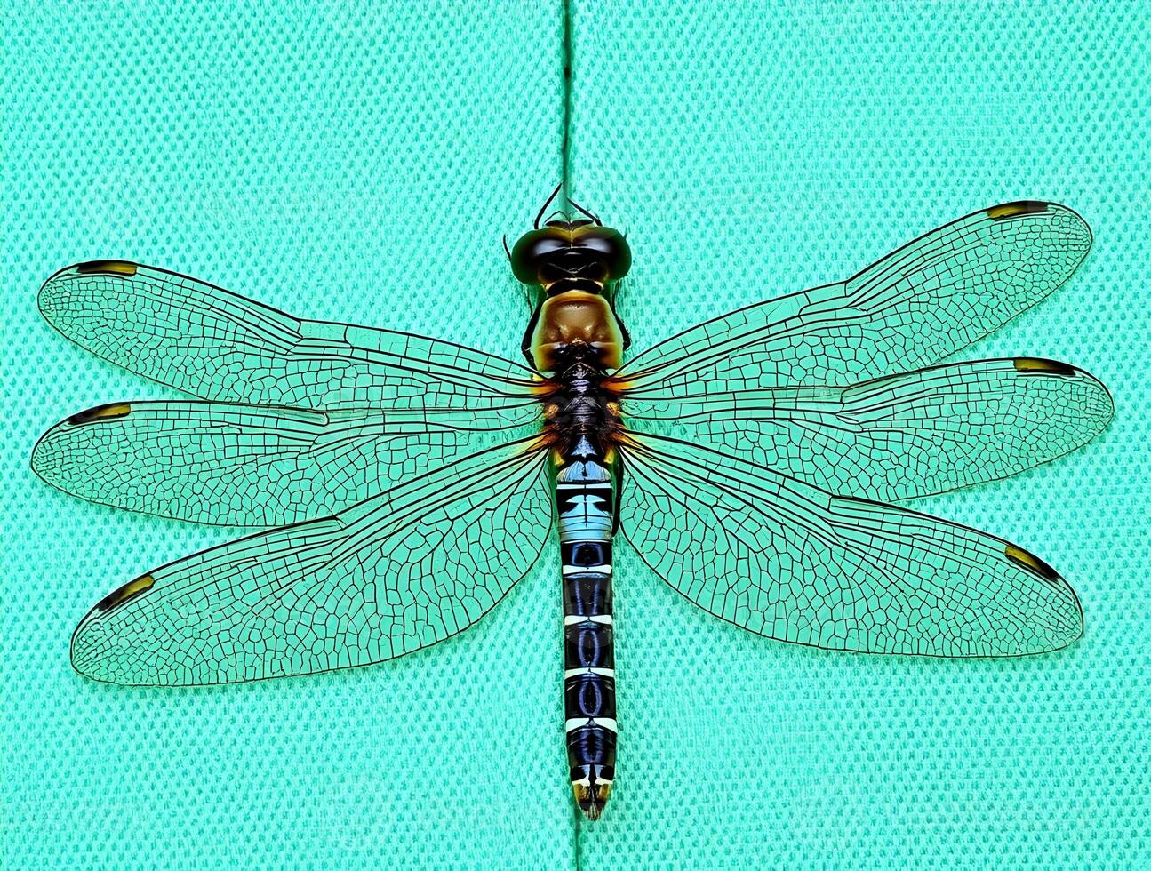 Vibrant Aqua Dragonfly Detailed CloseUp of Insect Wings and Body photo