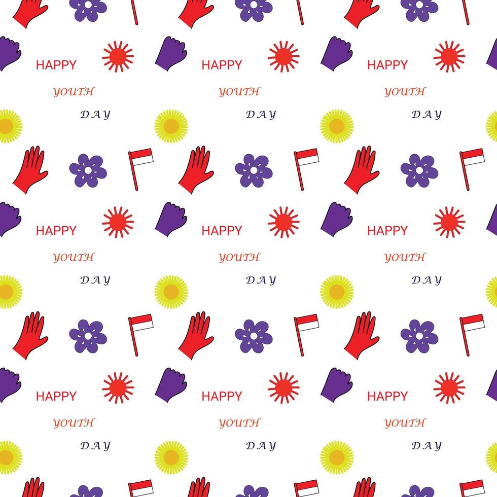 Colorful Seamless Youth Day Pattern with Hands, Flowers, Flags, and Sun Icons. vector