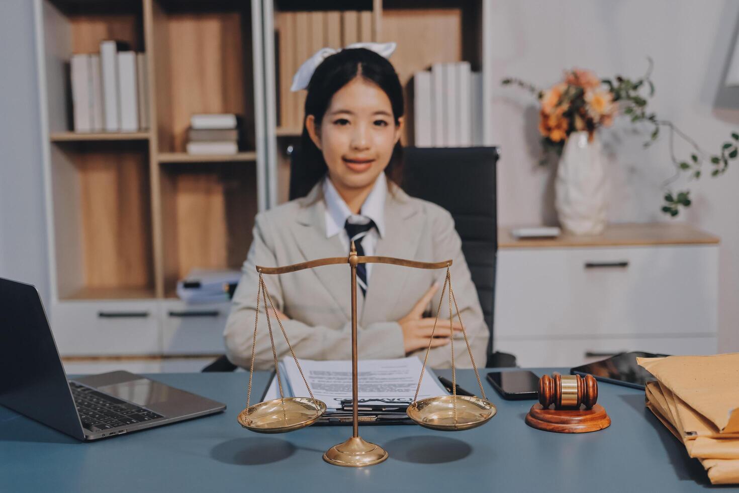 A woman in a business suit sitting at a desk with a scale of justice photo