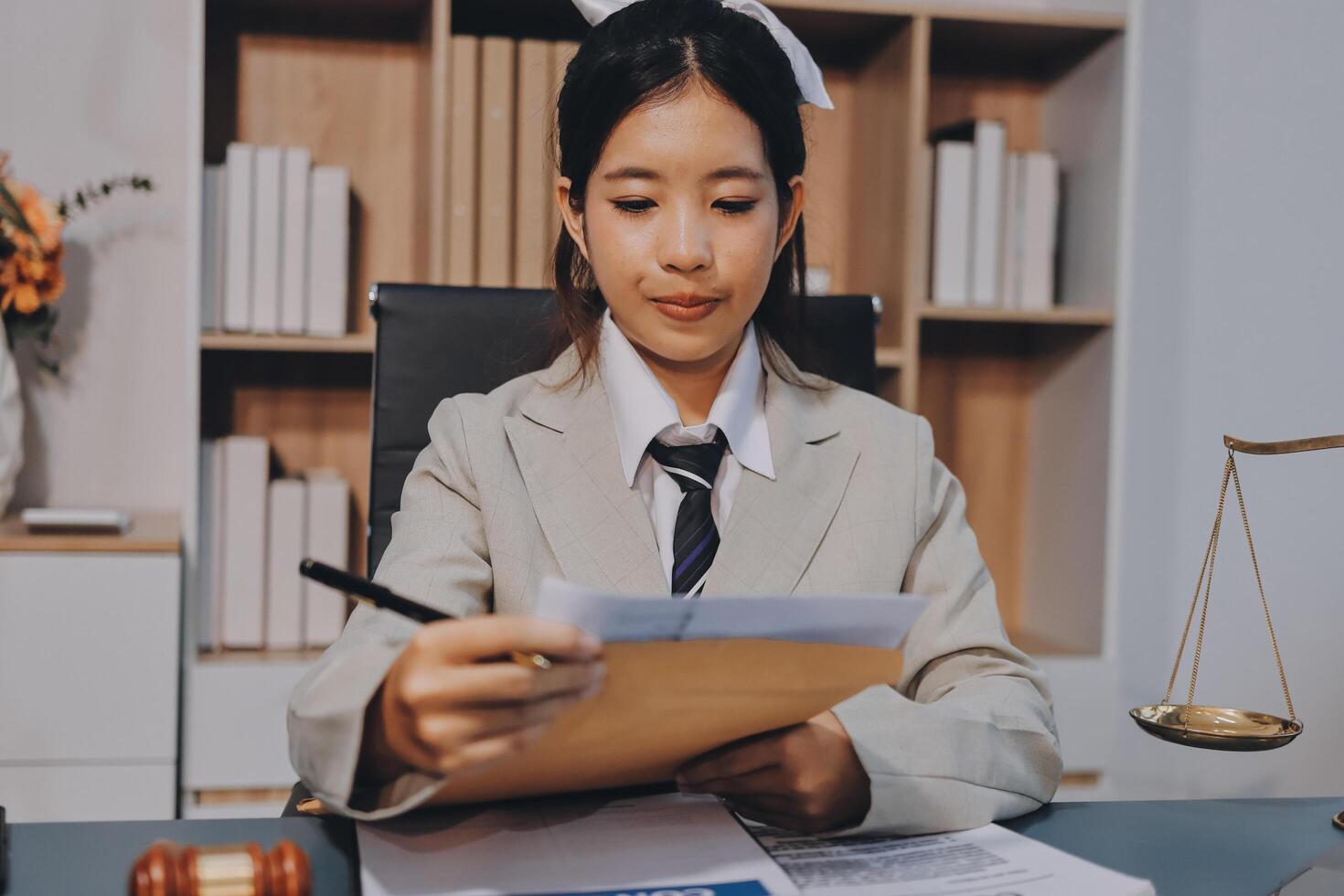 A young woman in a suit is sitting at a desk with a paper and a pen photo