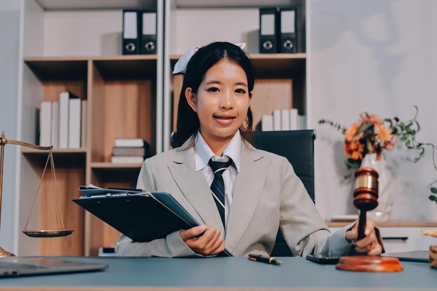 Asian female lawyer sitting at desk with gavel and papers photo