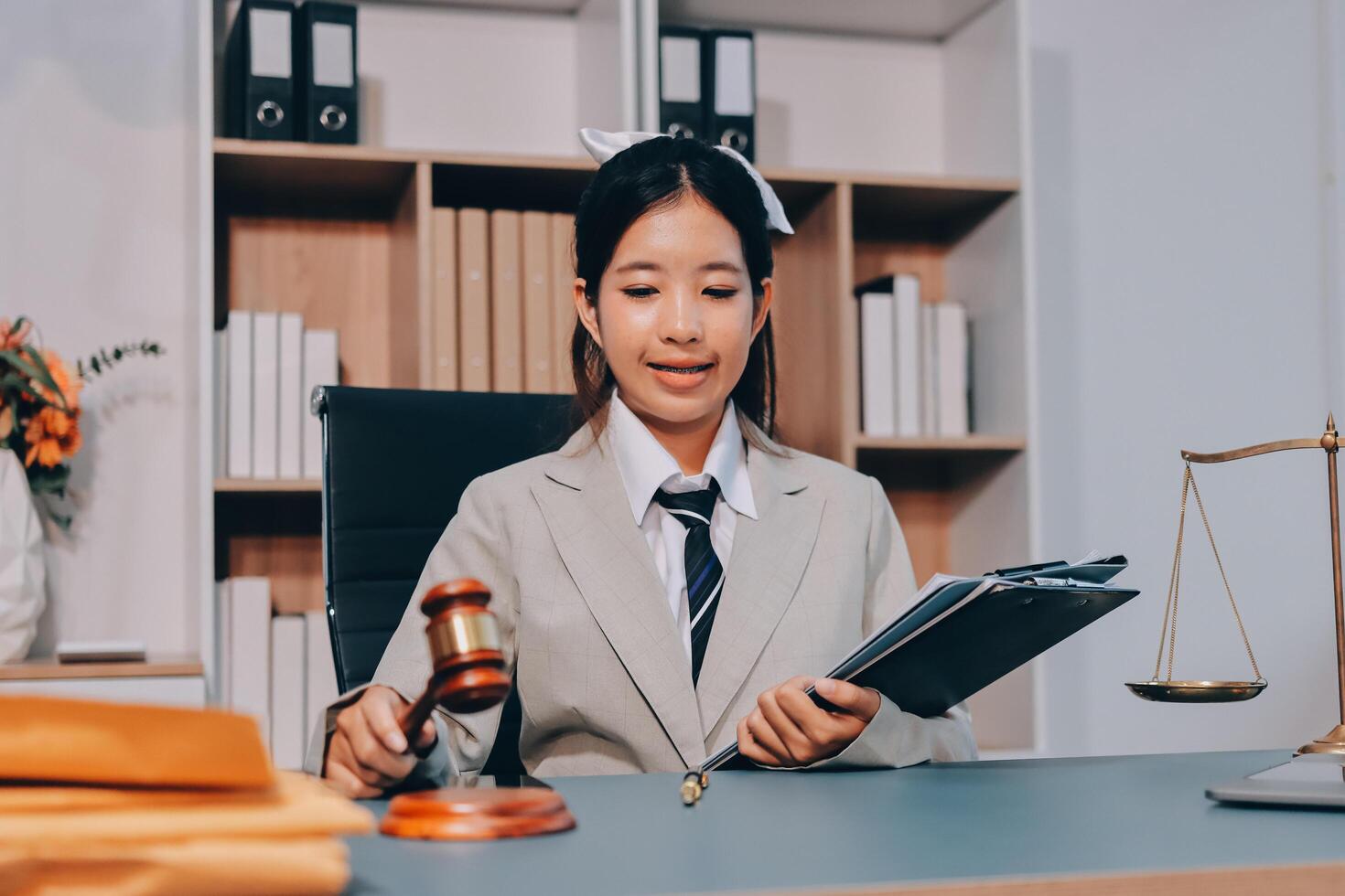 Asian female lawyer holding a gavel and looking at a laptop photo