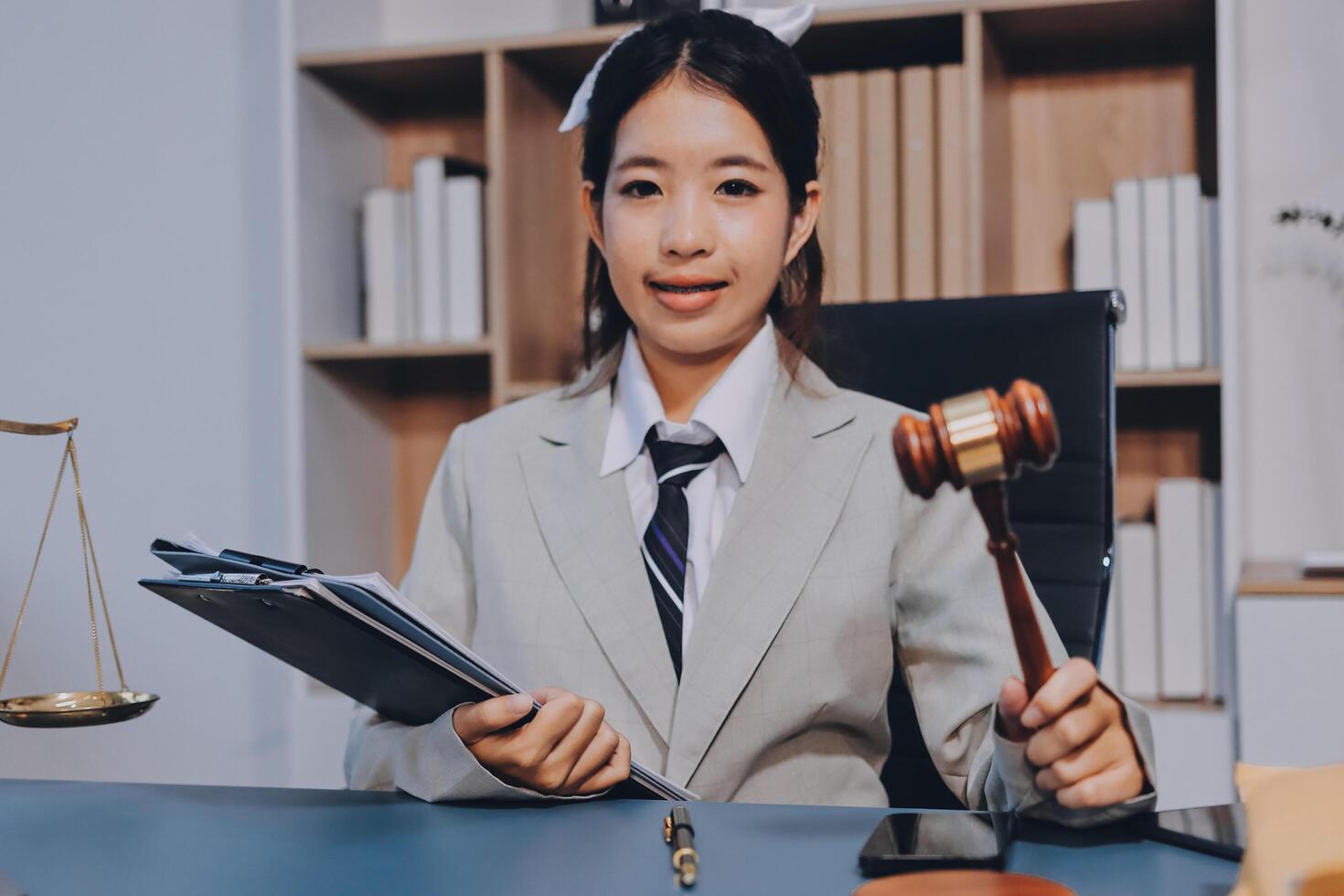 Asian female lawyer holding gavel and holding papers photo