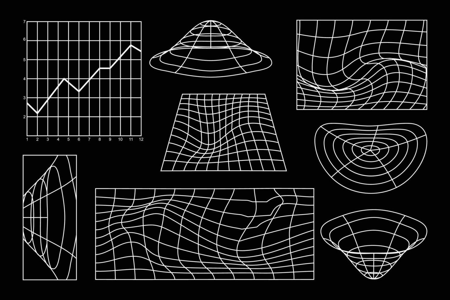 Futuristic Wireframe Grid Set, Cyberpunk HUD Mesh Surfaces, Data Visualization, and 3D Interface Elements vector