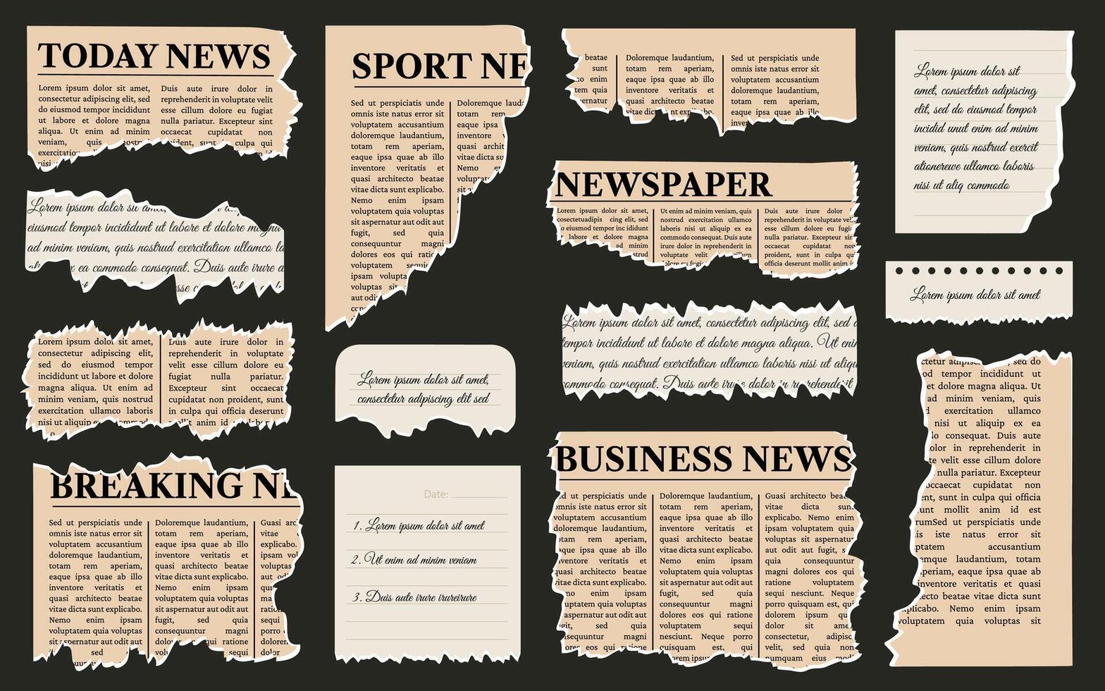 Torn paper and newspaper. Set of torn papers, newspapers, memo notes. Ripped paper sheet and newspaper fragments. vector