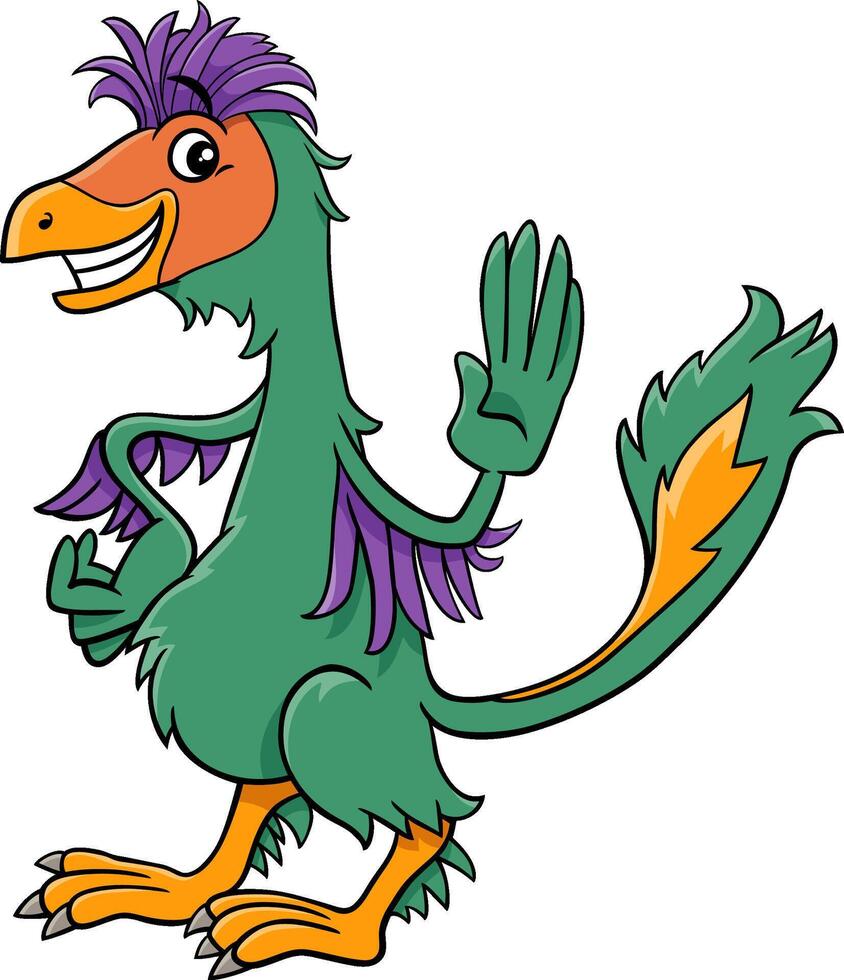 cartoon Caudipteryx or feathered dinosaur character waving its hand vector