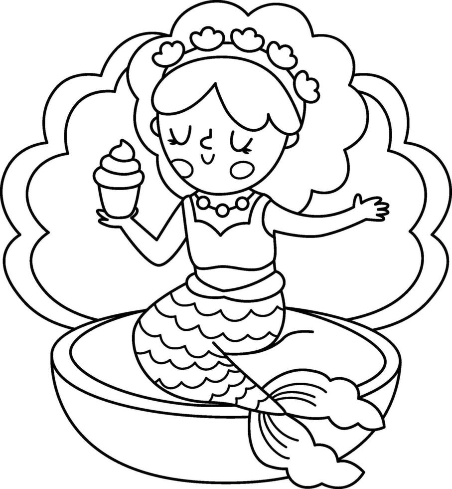 Fairy tale black and white mermaid sitting on a shell, eating cupcake. Fantasy fish girl isolated on white background. Fairytale sea princess. Cute siren coloring page. Underwater line icon vector
