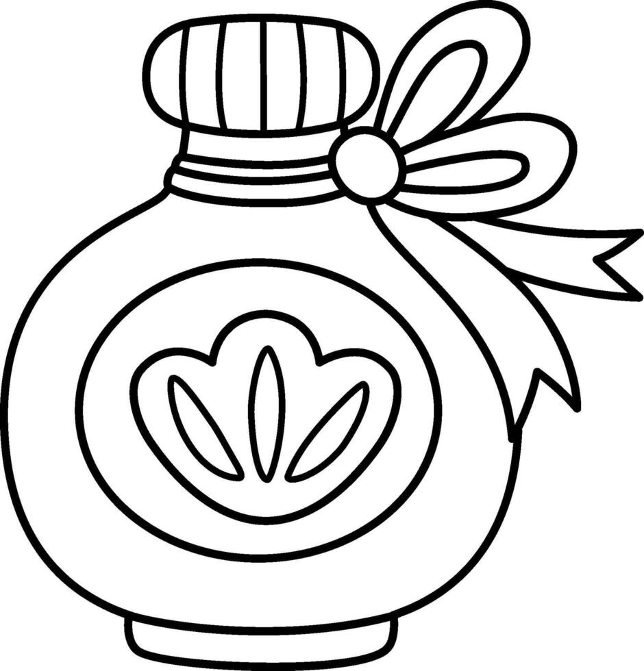 black and white marine bottle with magic potion. Witchcraft element with sea shell, bow. Mermaid glass jar icon. Underwater princess liquid elixir line illustration, coloring page for kids vector