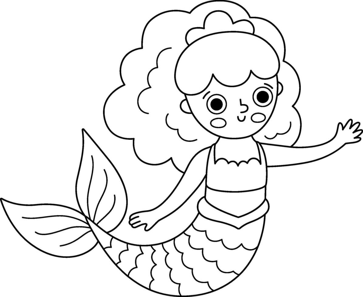 Fairy tale black and white mermaid. Fantasy fish girl isolated on white background. Fairytale sea princess. Treasure island, pirate, underwater line icon. Cute girlish siren character, coloring page vector