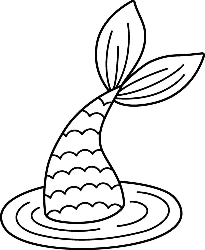 Fairy tale black and white mermaid tail in the water. Fantasy fish isolated on white background. Fairytale sea princess. Underwater adventure line icon. Cute siren coloring page vector