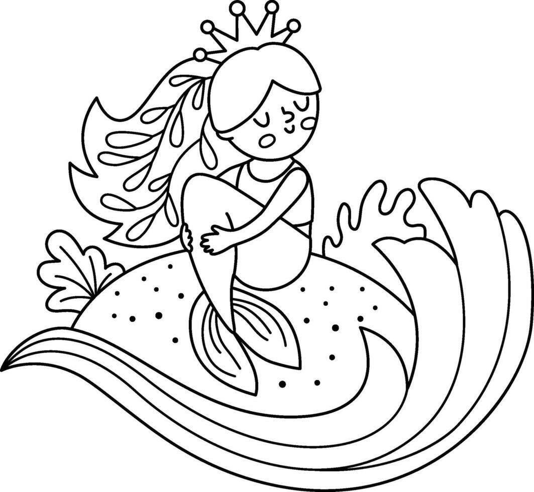 Fairy tale black and white mermaid sitting on a sand, lapped by water wave. Fantasy fish girl. Fairytale sea princess. Cute siren coloring page. Underwater line icon vector