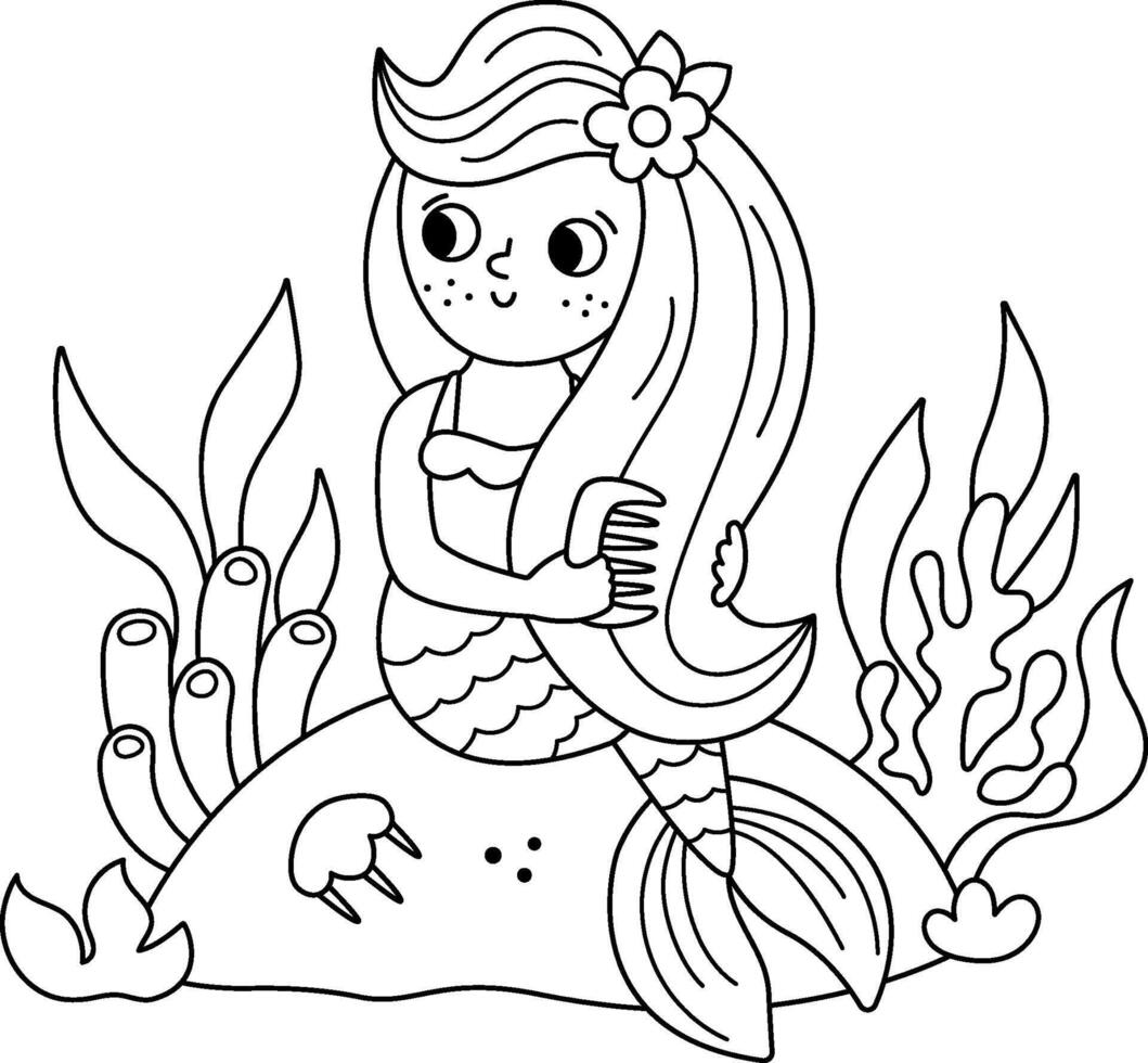 Fairy tale black and white mermaid sitting on a rock, combing her hair. Fantasy fish girl isolated on white background. Fairytale sea princess. Cute siren coloring page. Underwater line icon vector