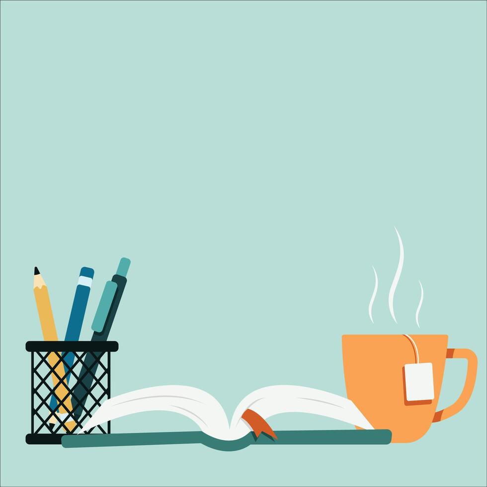 Books set in flat design style, Flat illustration with hot tea cup and pencils vector