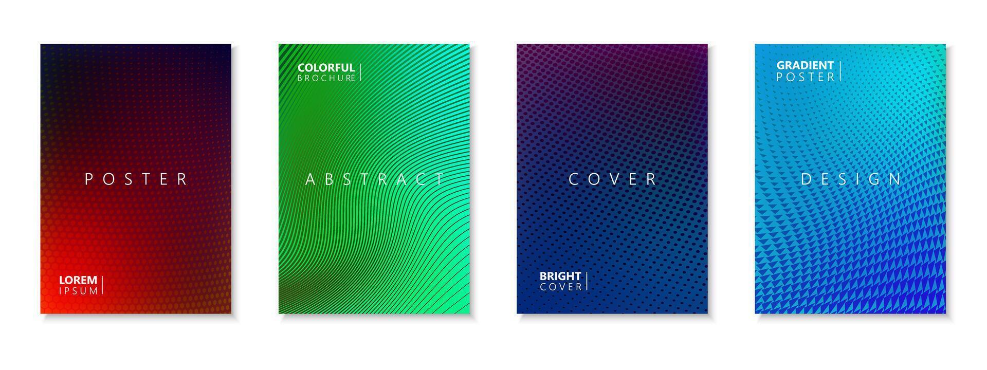 Collection of color striped abstract posters, templates, placards, brochures, banners, flyers, backgrounds. Bright halftone gradient covers. Minimalistic cards with digital print vector