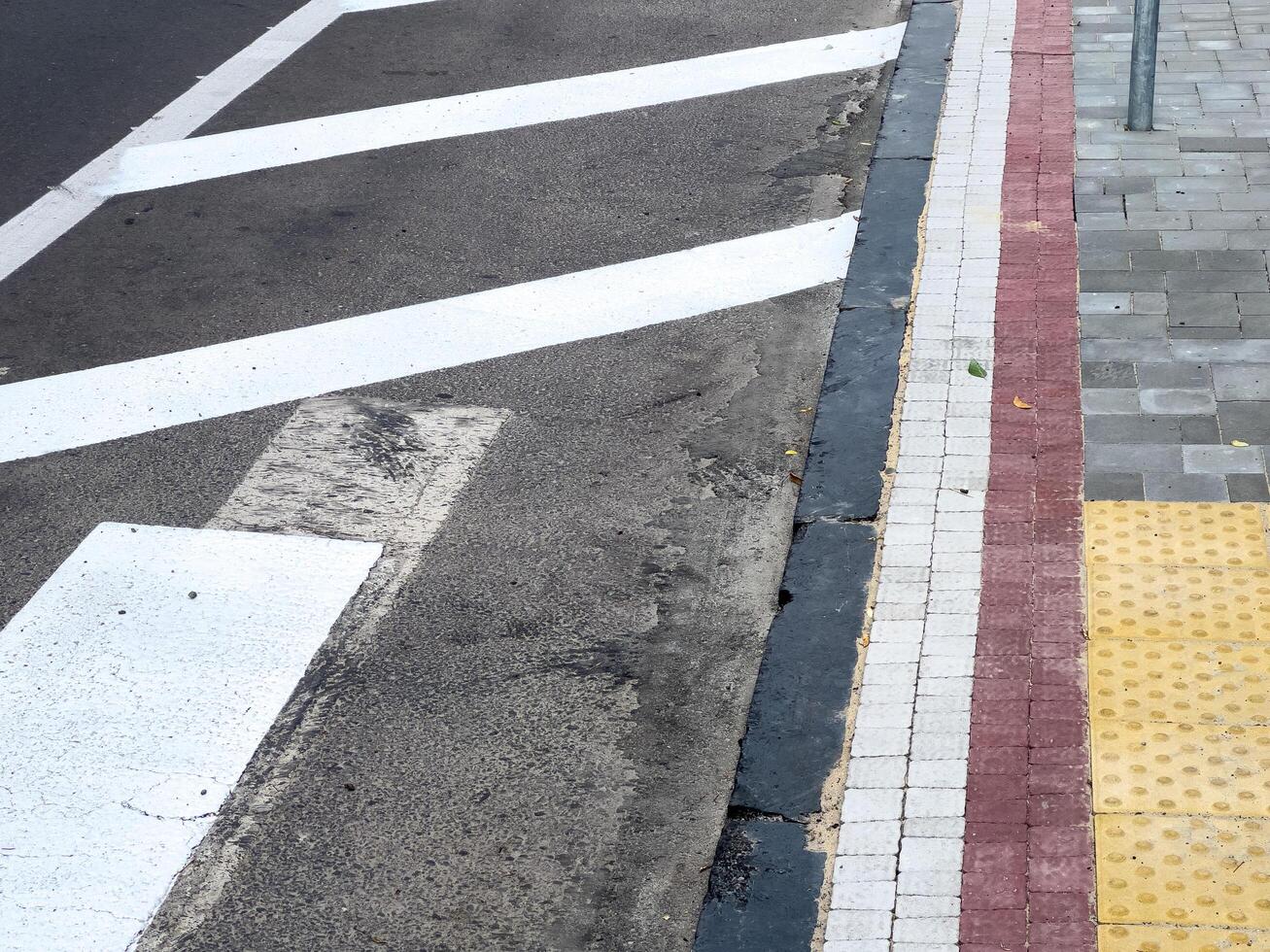 At an urban intersection, white road markings are visible alongside a textured sidewalk with tactile paving, indicating pedestrian areas photo