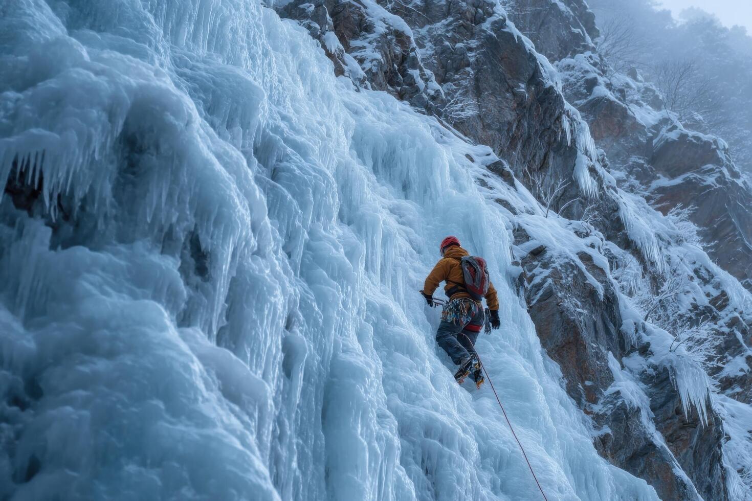 A man on ice climbing up a frozen waterfall photo