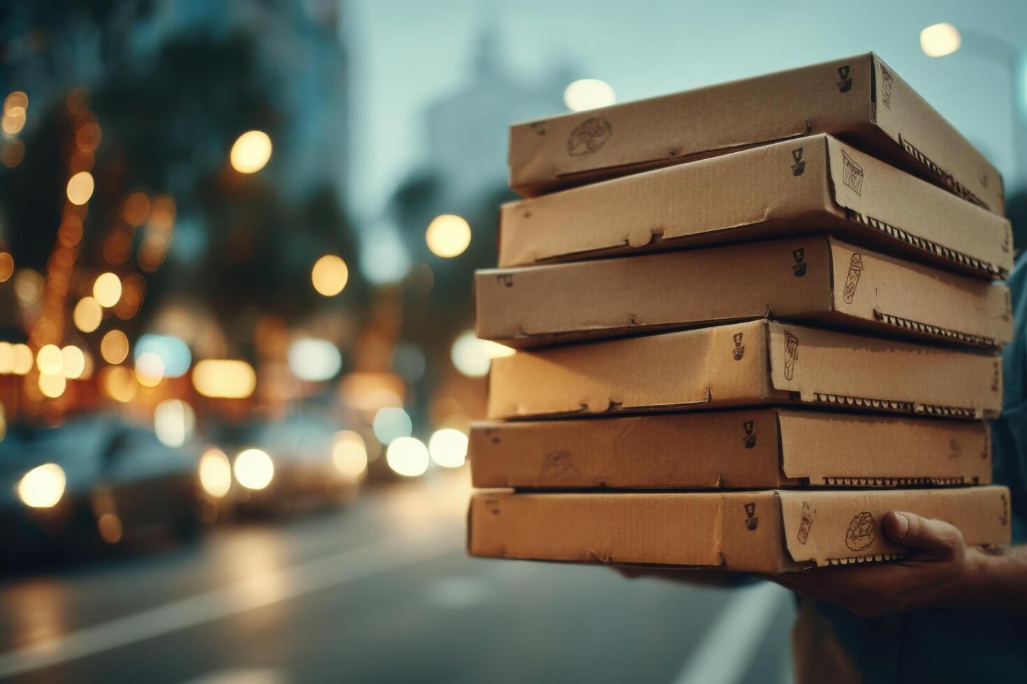A man holding a stack of pizza boxes on the street photo