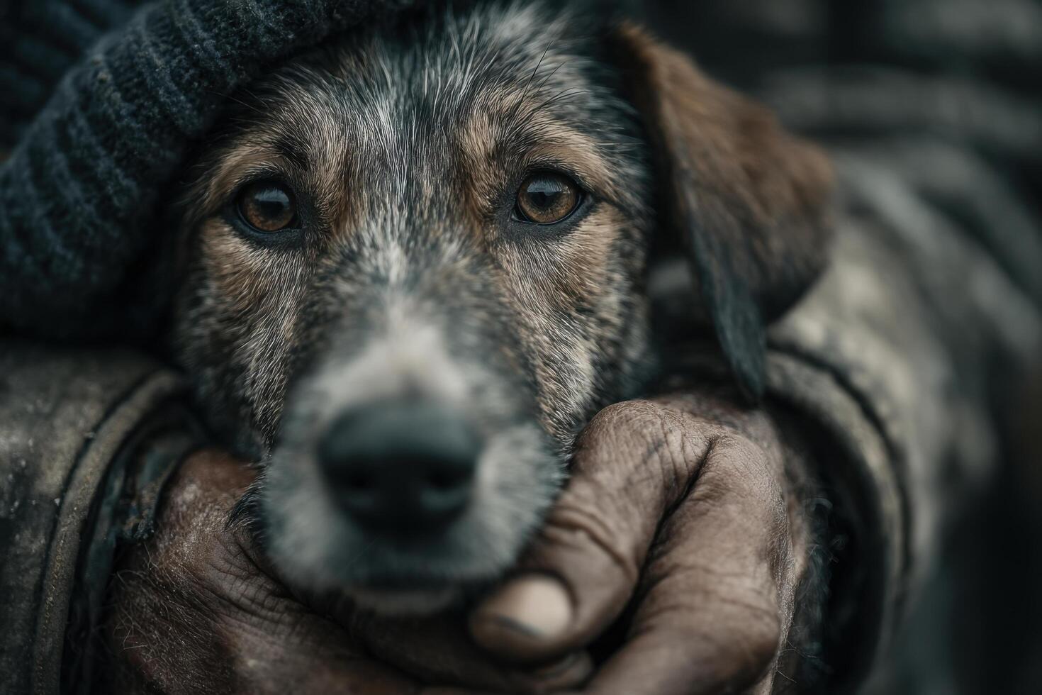 A dog is being held by an old man photo