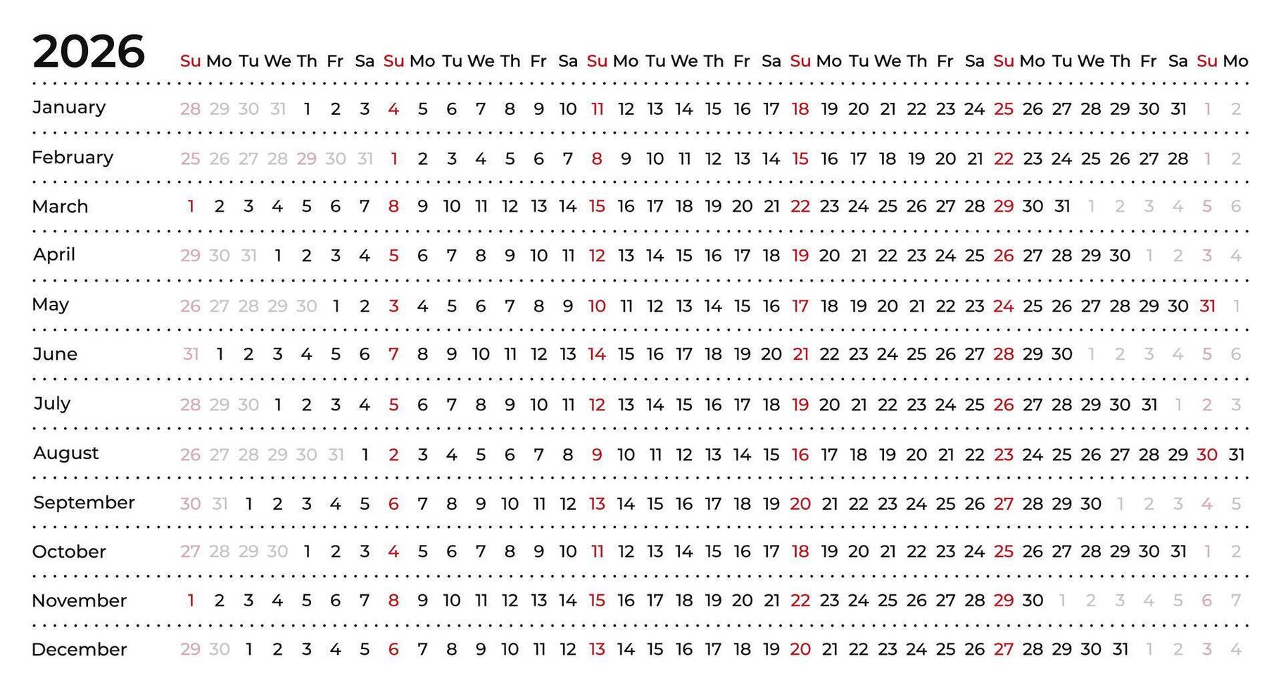 Linear calendar for 2026. Horizontal, week starts on Sunday, English, black and white. vector