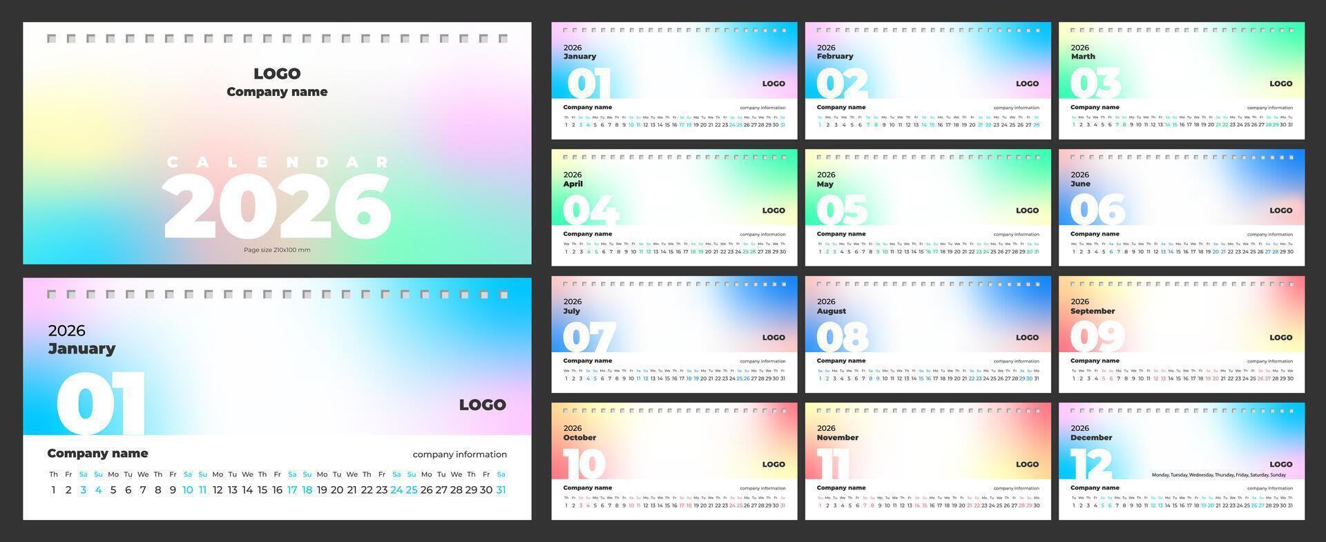 Desktop calendar for 2026. Template for branded souvenirs, copy space, soft, blurred gradient background. Set of 12 pages and cover. Horizontal, 210x100mm, English. vector
