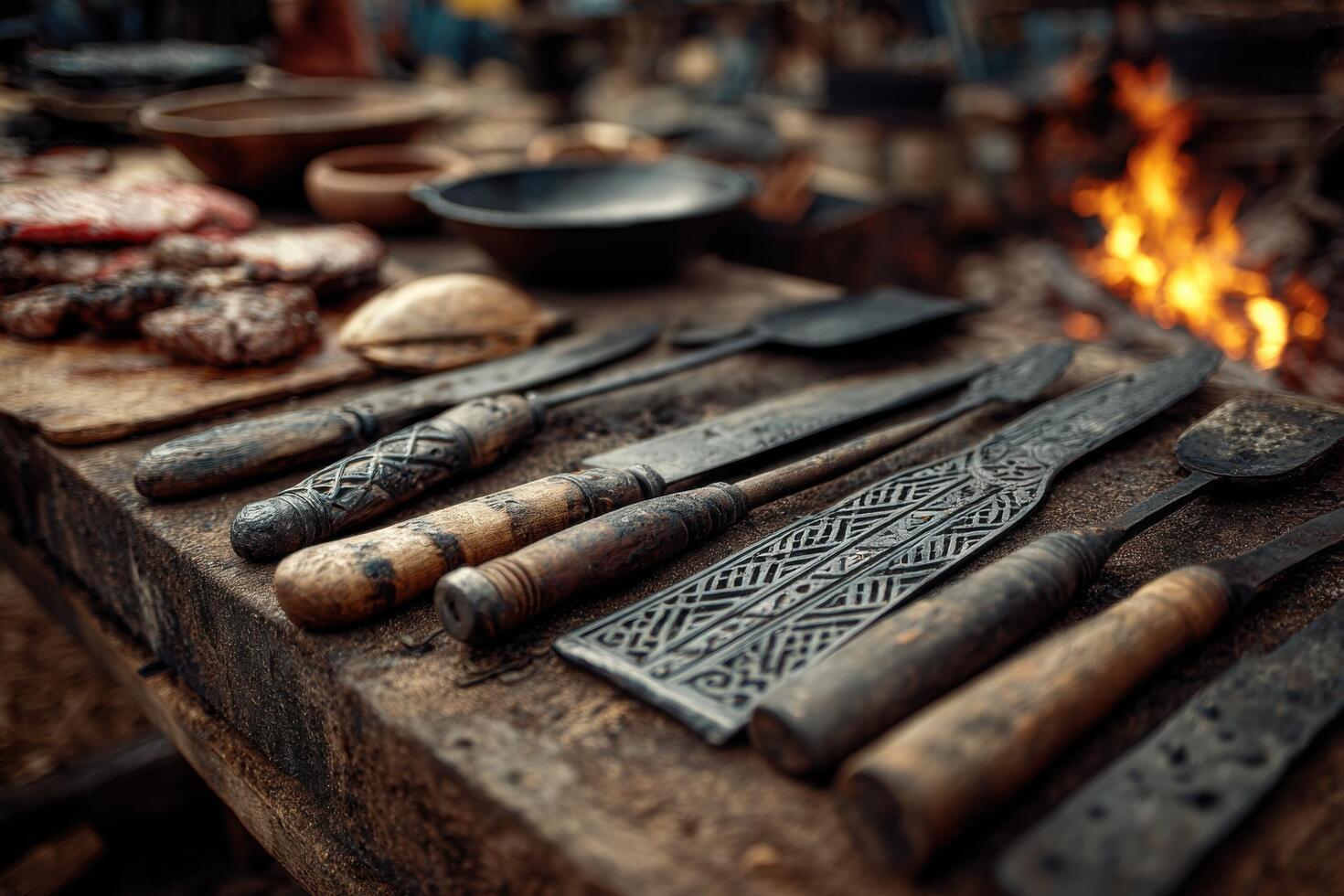 A table with many different types of knives and other tools photo