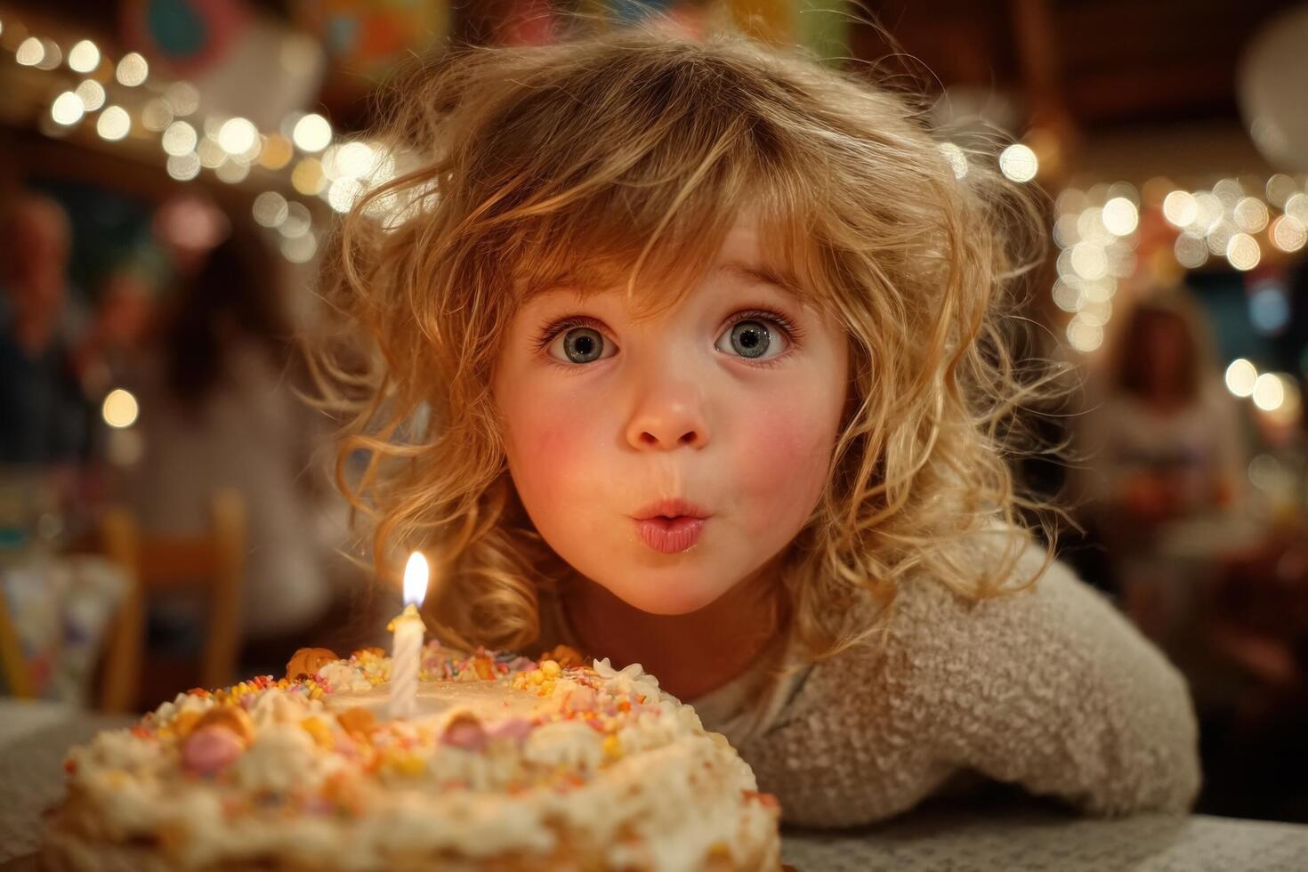 A young girl blowing out a candle on a birthday cake photo