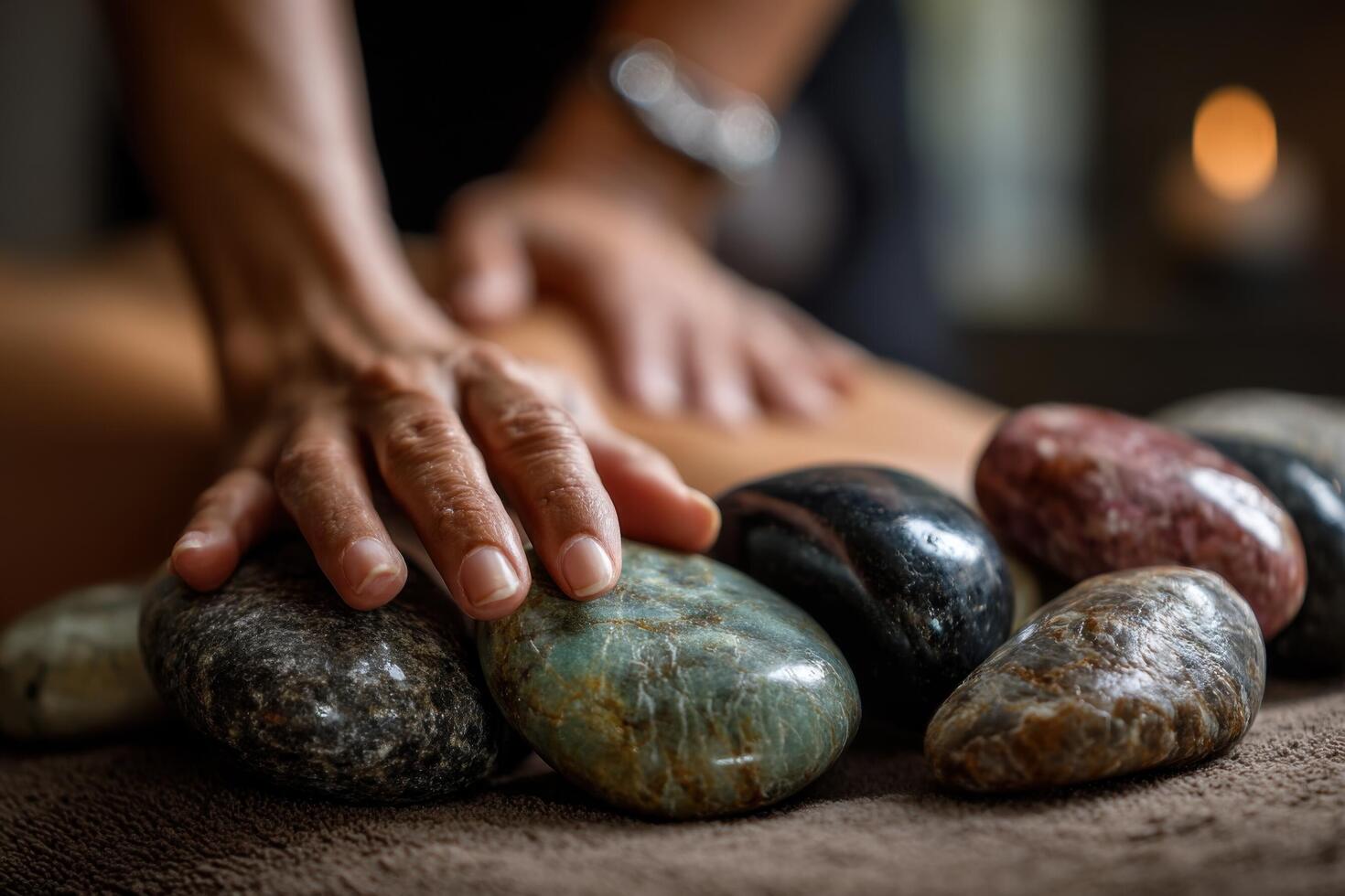 A person getting a massage with stones on a table photo